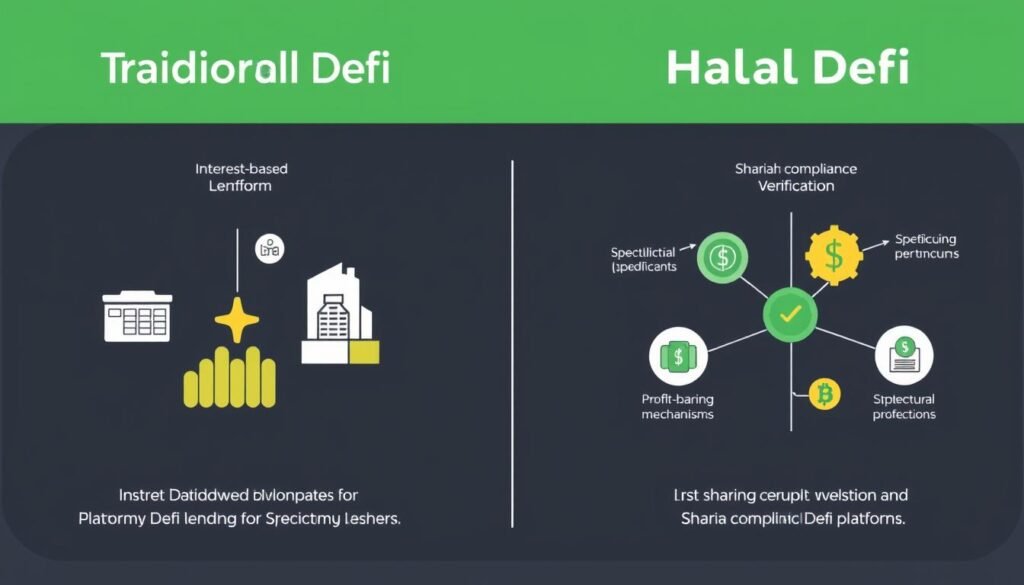 Comparison of traditional DeFi vs Halal DeFi platforms using shariah-compliant blockchain